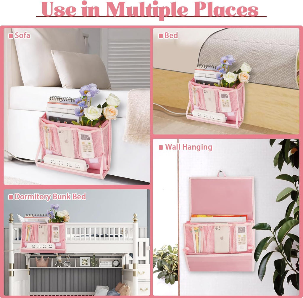 Bedside Caddy Bedside Storage Organizer Bedside Organizer with Power Strip Holder and 2 Adjustable Straps for Home Bunk Bed College Dorm Sofa (2 Pack Pink)