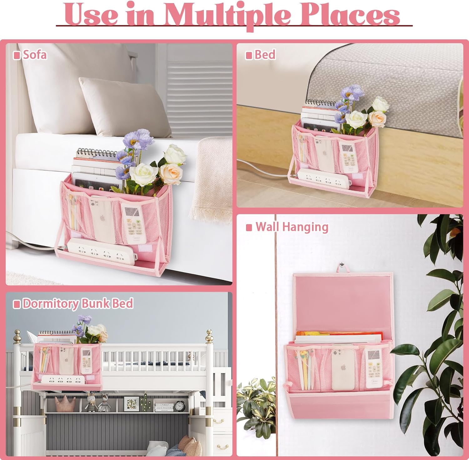 Bedside Caddy Bedside Storage Organizer Bedside Organizer with Power Strip Holder and 2 Adjustable Straps for Home Bunk Bed Dorm Sofa (Pink)