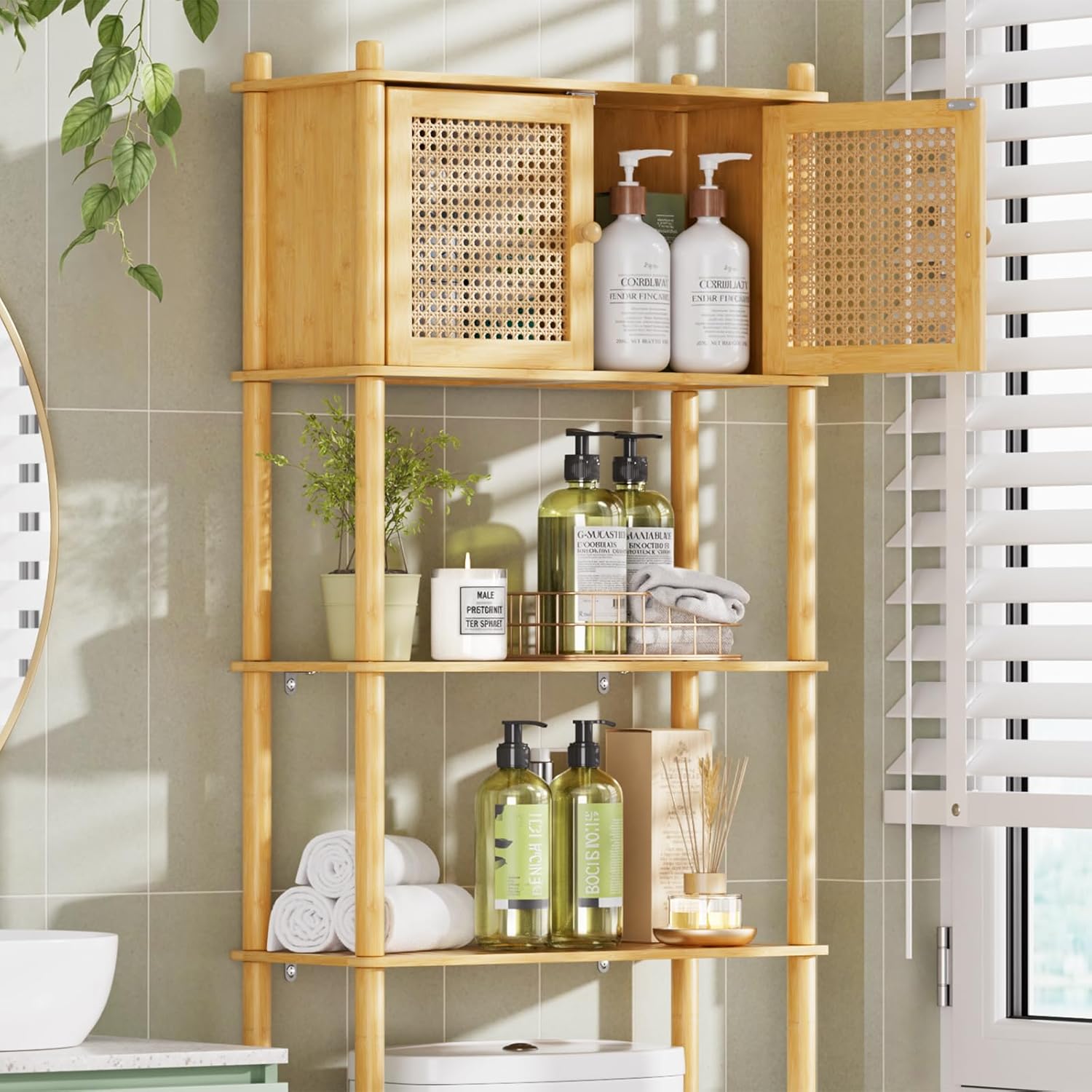 Over The Toilet Storage Cabinet Bamboo, 4-Tier Over Toilet Organizer Rack Freestanding Toilet Shelf for Bathroom, Laundry, Space Saver, Natural Color