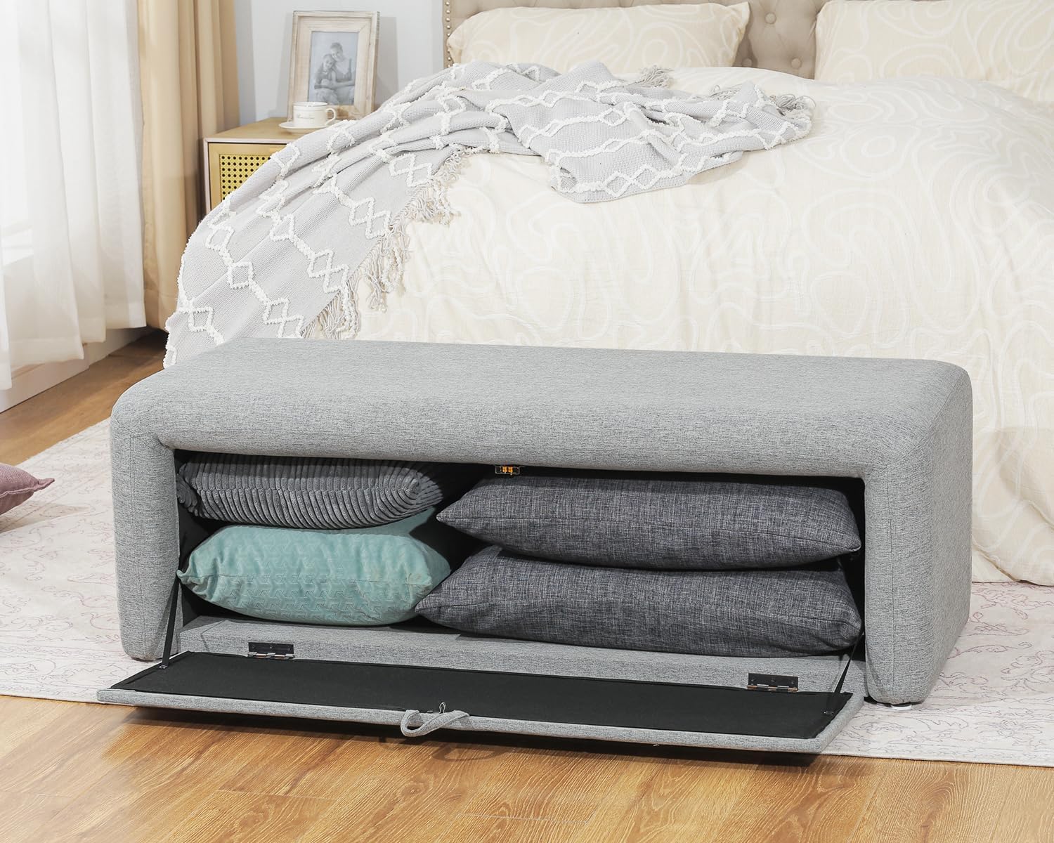 Homebeez 48" Storage Ottoman Bench with Side Opening, Large Storage Bench for Bedroom End of Bed, No Assembly Ottoman Foot Rest, Upholstered Entryway Bench for Living Room, Light Gray