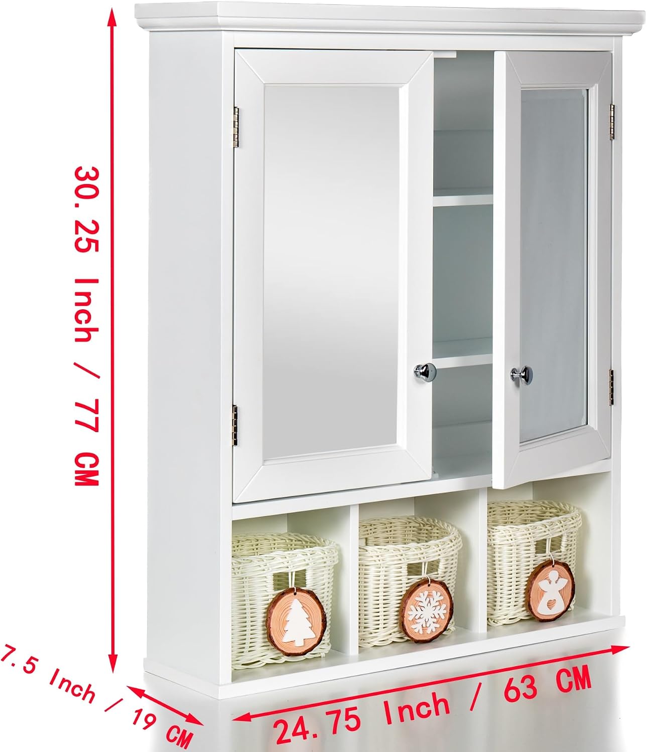 Modern Bathroom Storage Cabinet, 2 Doors 2 Adjustable Shelf + 3 Christmas Style Storage Basket,for Kitchen Home