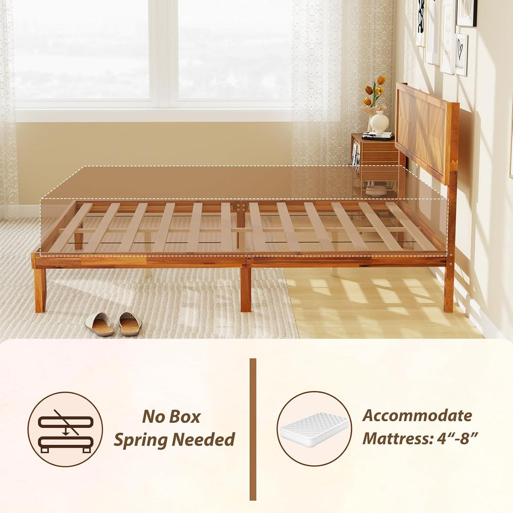 GOFLAME Queen Size Wood Bed Frame, Mid-Century Modern Platform Bed with Headb...
