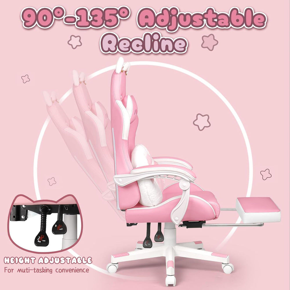 PUKAMI Pink Gaming Chair Cute with Cat Ears and Cat Paw Lumbar Cushion, Ergon...
