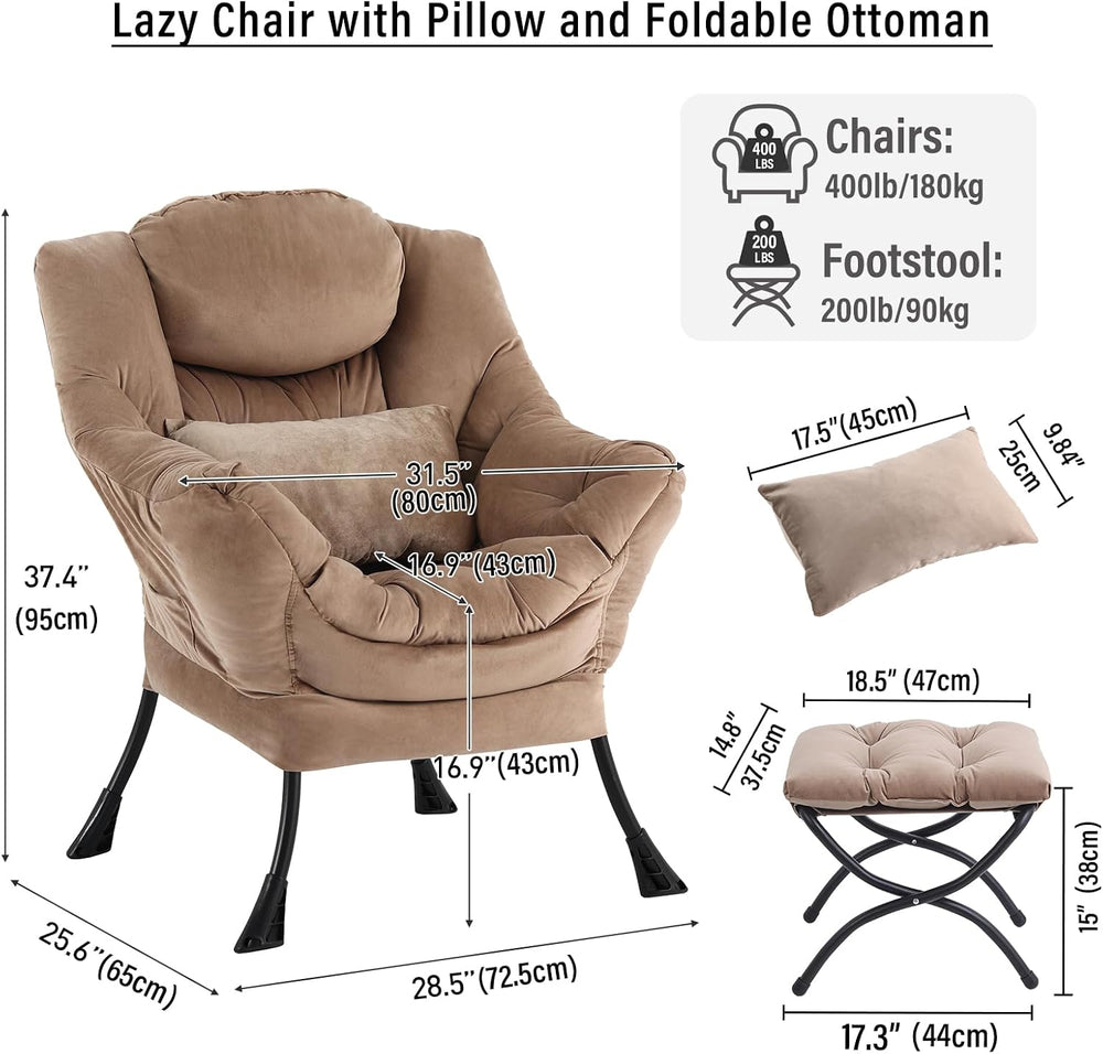 Lazy Chair with Ottoman, Comfy Chair with Pillow，Pure Khaki