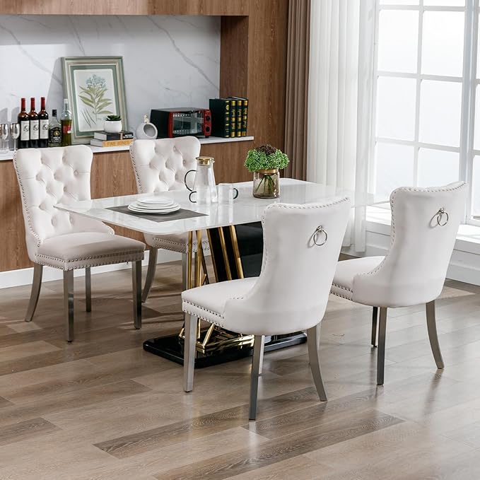 Mid Century Modern Dining Chairs Set of 2, Beige Velvet Upholstered Tufted Ba...