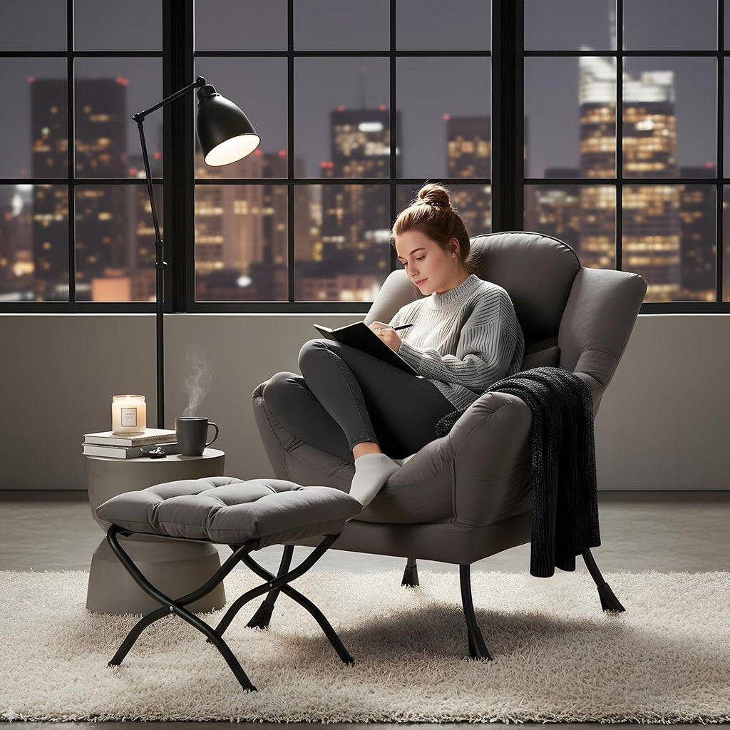 Furlide Lazy Chair with Ottoman, Comfy Fabric Accent Lounge Arm Chair with Lumbar Pillow and Folding Footrest, Reading Leisure Sofa Armchair for Bedroom, Living Room, Dorm,Dark Grey | Comfy Accent Lounge Chair with Pillow & folding Foot Stool, sturdy
