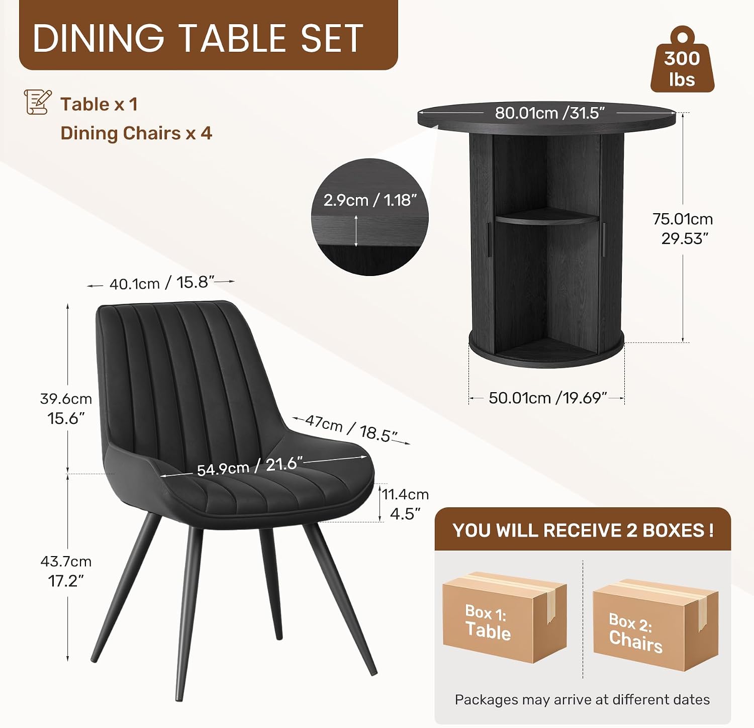 Miereirl Modern 3-Piece Round Wooden Dining Table and Chair Set,31.5" Table with Semi-Open Storage Rack and Sliding Door, Dining Chairs Made of High-end Fabric, Warm Home Dining Room Combination
