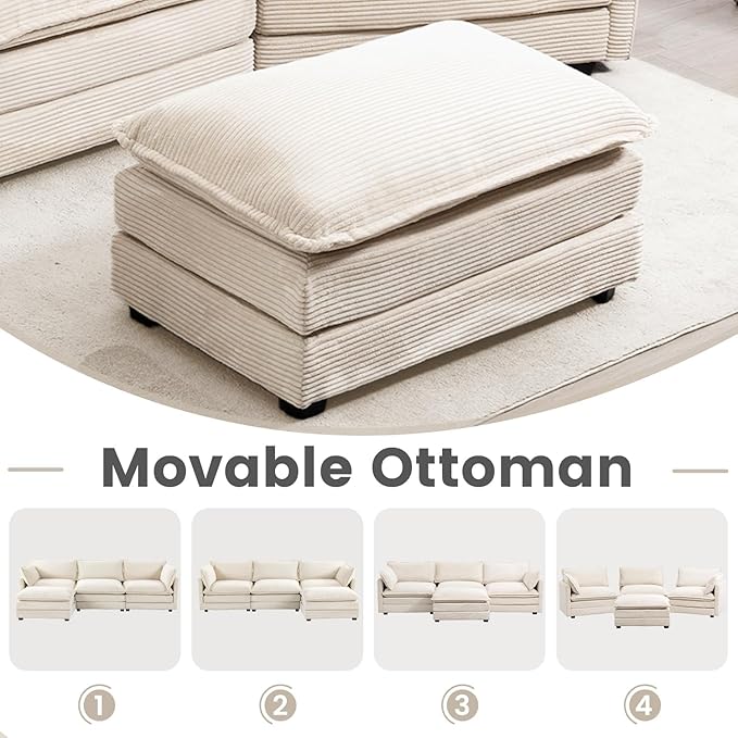 112'' Sectional Modular Cloud Couch, Oversized 5 Seat Couches U Shaped Sofa with 2 Movable Ottomans, 2 Throw Pillows, Upholstered Corduroy U Shape Comfy Deep Couches for Living Room and Office, Beige