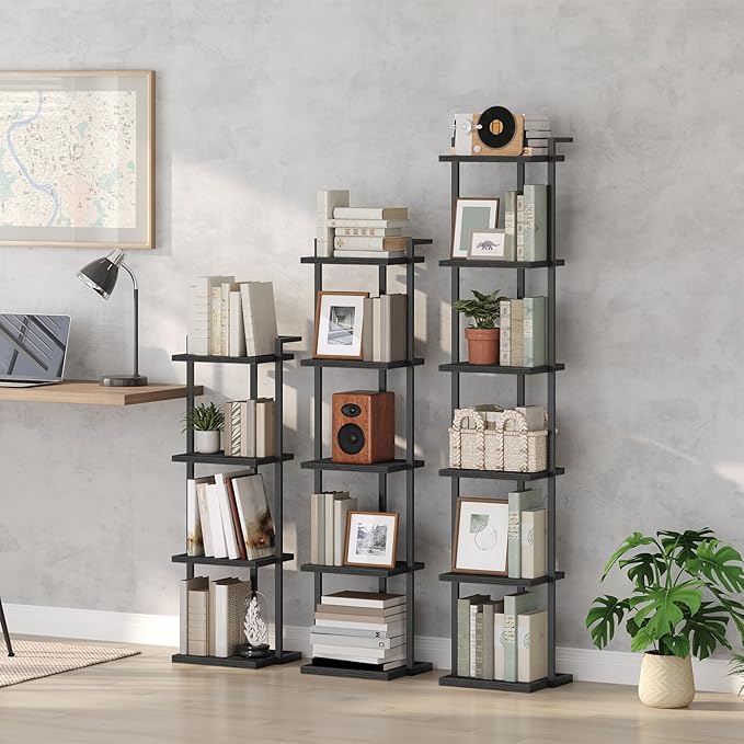 Bookshelf, 5-Tier Bookcase, Vertical Tall Narrow Book Shelf for Small Space, Open Storage Display Shelf with Stable Base & Anti-Tip Kits, for Living Room, Office, Study, Black BKBK11501