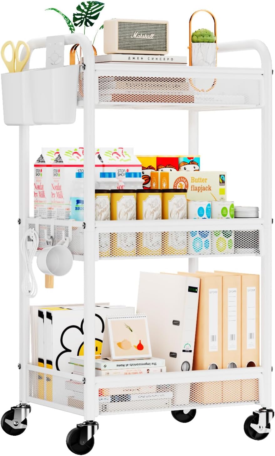 YASONIC 3 Tier Metal Rolling Cart, White Utility Storage Cart with Wheels | Metal Mesh Craft Cart With Hooks & Hanging Cups, Ideal For Kitchen, Bathroom, Office, Dorm, Art Workspace, Bedside Storage