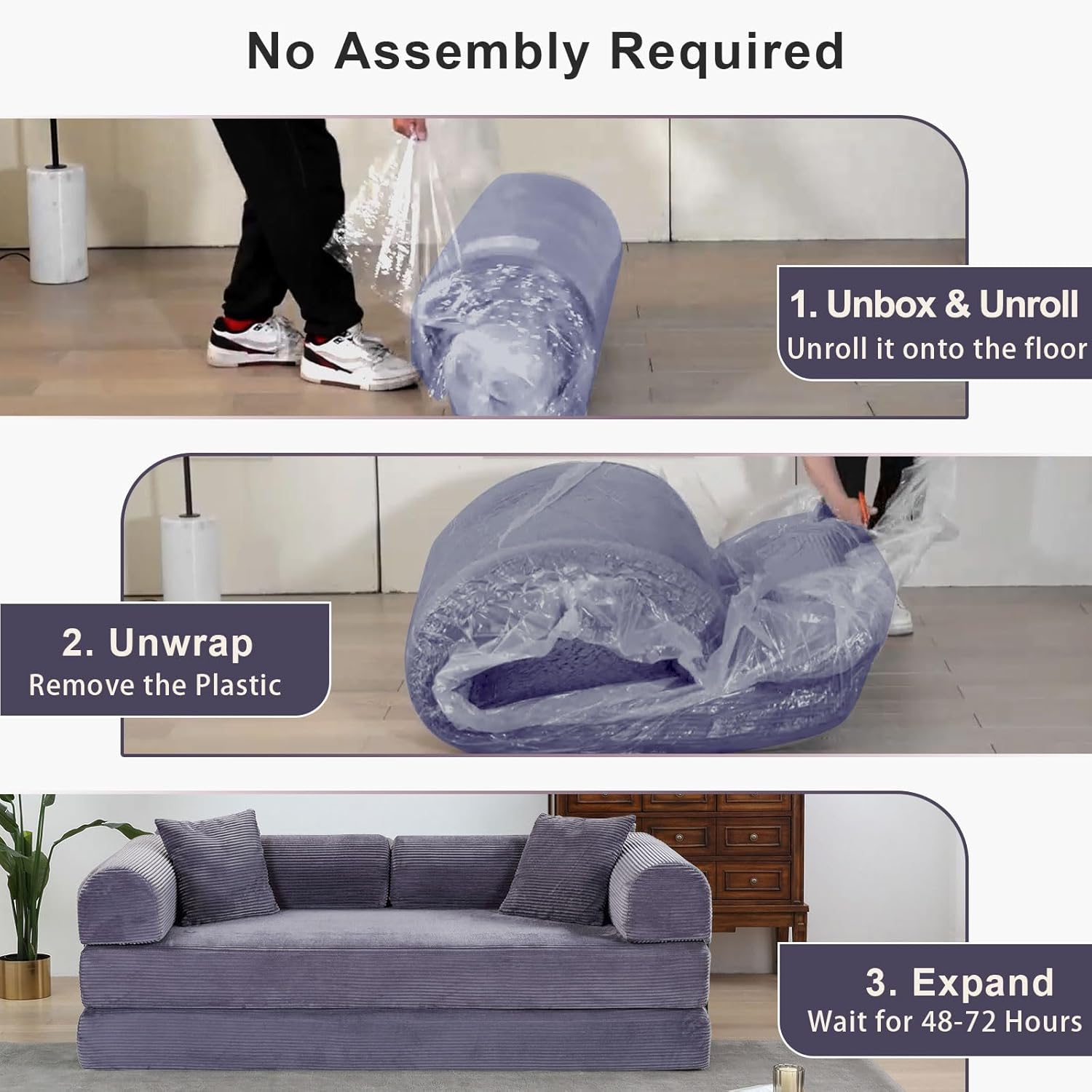 JJJ 78 inch Sofa Bed 4-in-1 Boneless Convertible Corduroy Sleeper Folding Couch with Fixed-Shape Frame and 2 Futons No Assemble Required 3 Seater Upholstered for Living Room (Gray, 78 inch)