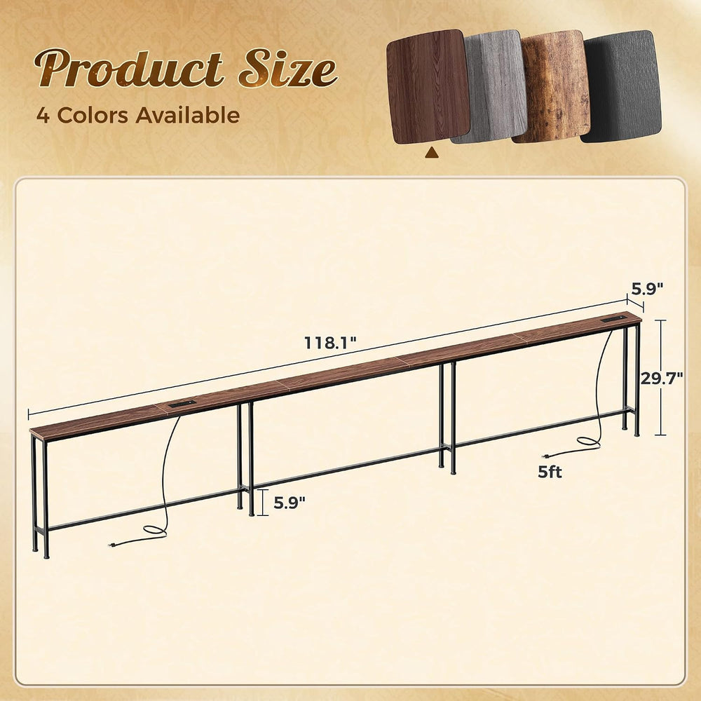 Huuger 118 Inch Sofa Table with Power Outlets, Skinny Behind Couch Table | 5....