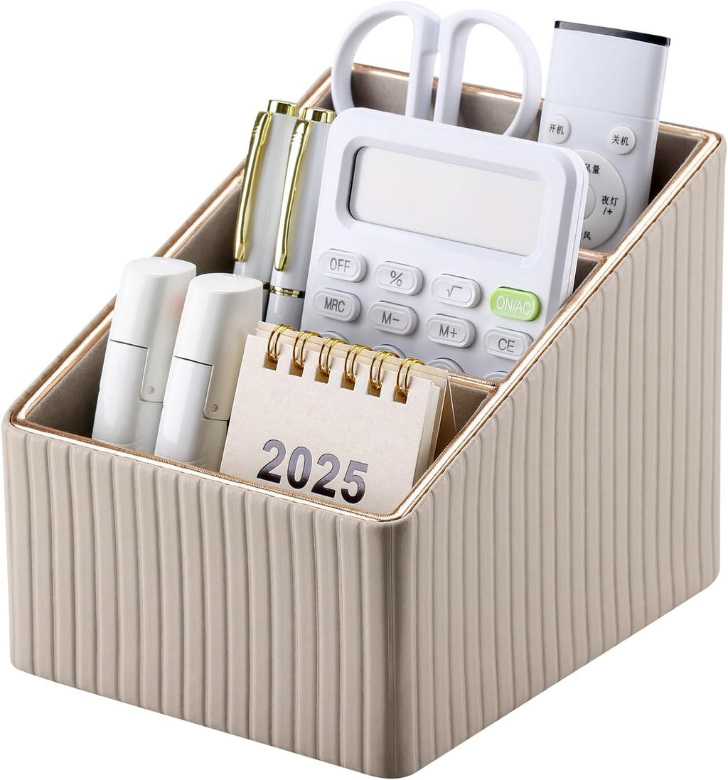 KINGFOM 3 Slot PU Leather Remote Controller Holder, Home Sundries Storage Box, TV Guide/Mail/CD Organizer/Caddy/Holder with Free Cable Desk Organizer (Dark Beige)