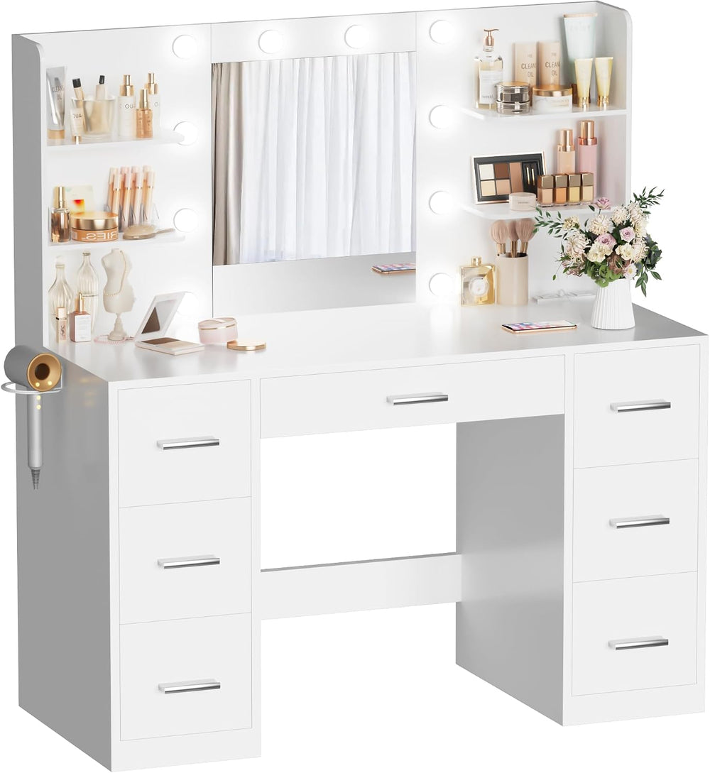 Makeup Vanity Desk with Mirror and 10 Lights, Table with 7 Drawers and 4 Open...