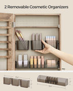 SONGMICS Mirror Jewelry Cabinet Armoire, Wall or Door Mounted Jewelry Storage Organizer, Hanging Lockable Frameless Mirror Cabinet with 2 Cosmetic Organizers, Christmas Gift Idea, Toasted Oak Color