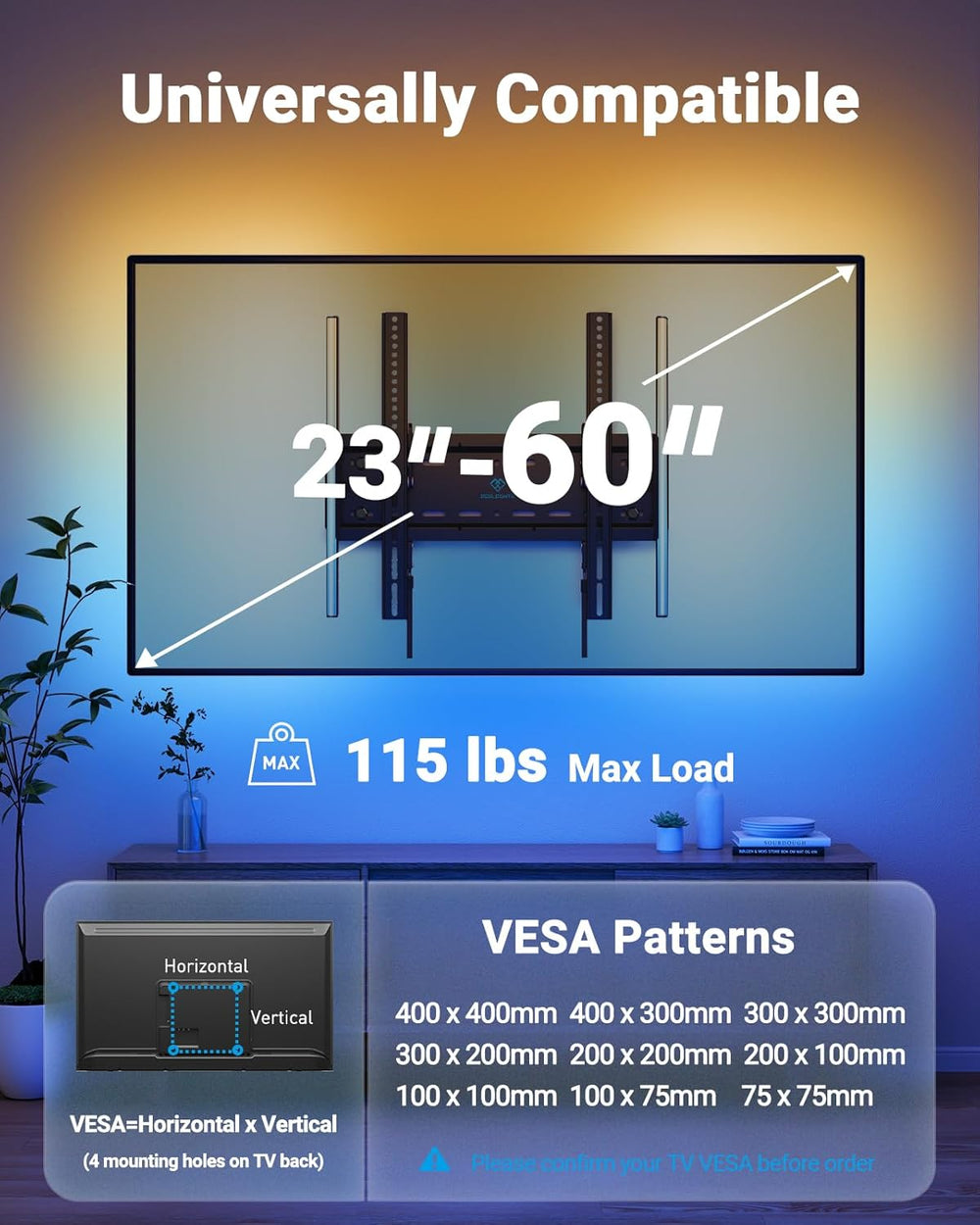 PERLESMITH Tilt TV Wall Mount with LED Light, TV Mount for 26–60 Inch TVs up ...