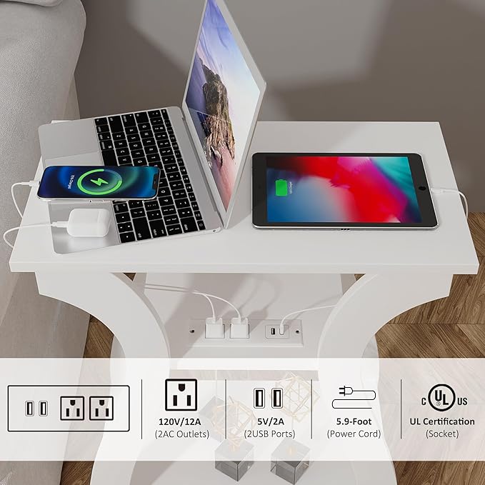 End Tables Living Room, White End Table with Charging Station,White Side Tabl...