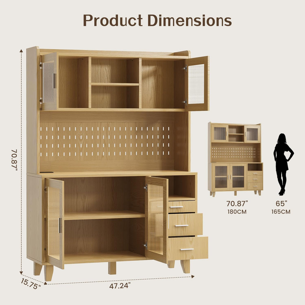 71" Tall Kitchen Pantry Cabinet with Remote LED Light & Charging Sta...