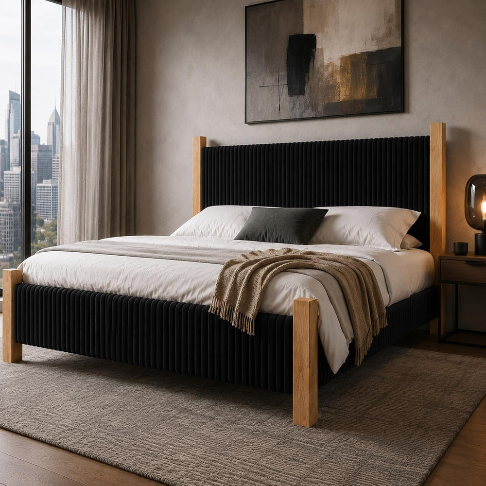 IMMERSTABLE Full Bed Frame with Headboard, Upholstered Platform Bed, Black