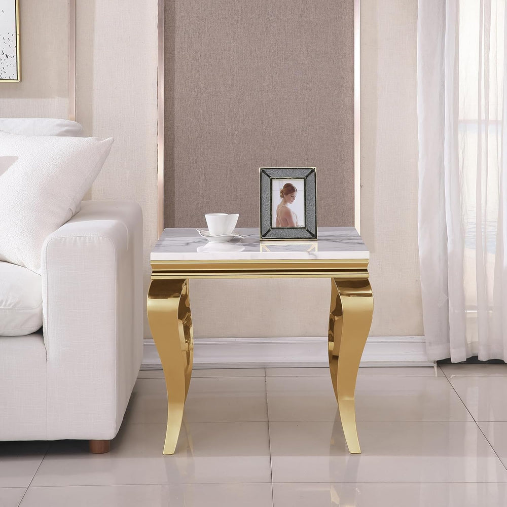 Marble End Table, Modern White Faux Marble Sofa Side Table with Gold Stainles...