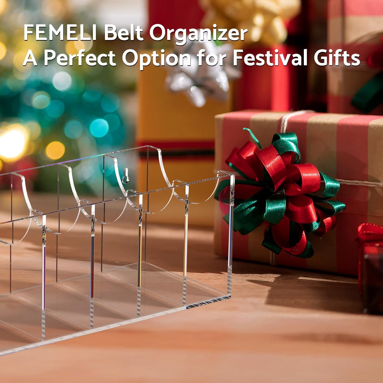 FEMELI Belt Organizer, Acrylic 7 Compartments Container Storage Holder, Clear Display Case for Closet Tie and Bow Tie