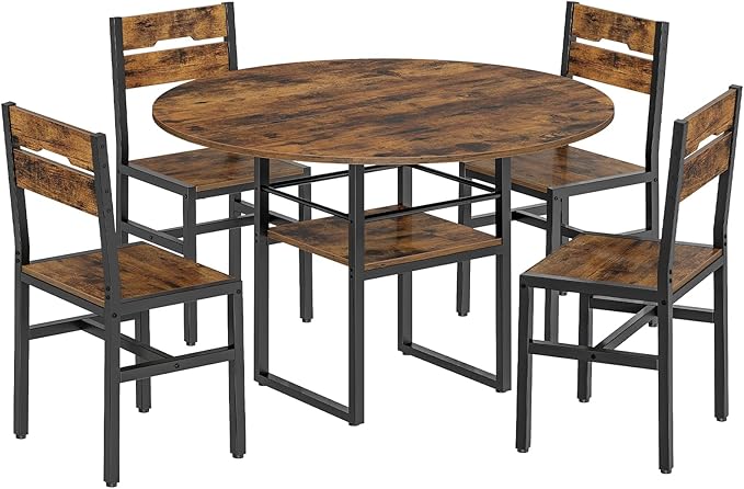 Round Dining Table Set for 4, Circle Kitchen Table and 4 Chairs, 5 piece Dining Table Set, with Wooden Tabletop and Widen Seat, Space Saving, for Dining Room, Rustic Brown and Black