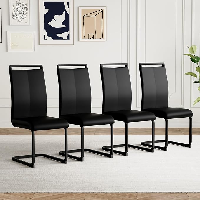 AZmac Modern Leather Dining Chairs Set of 4,Armless Kitchen Chairs,Dining Room Chairs with Upholstered Padded Seat and Sturdy Chrome Legs for Dining Room,Kitchen (Set of 4, Black-Black Leg)