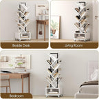 7 Tier Tree-Shaped Rotating Bookshelf, Double Sided, Small Bookcase with Storage Cabinet, Modern Tall Narrow Bookshelves Organizer, Floor Standing Book Shelf for Bedroom/Living Room, White