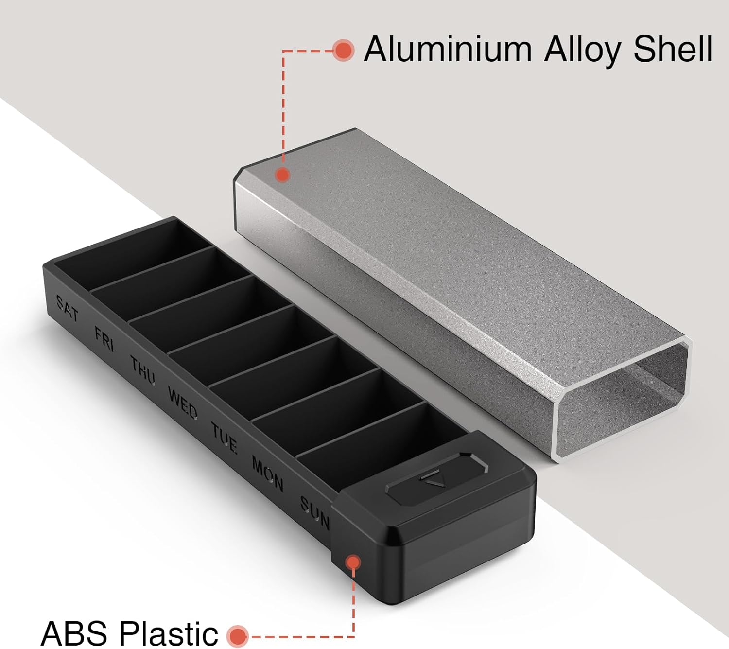 HEIYING Pill Organizer with Aluminum Shell for One Week Capacity, Portable 7 Compartments Pill Box Container to Hold Vitamin, Medicine, Supplements