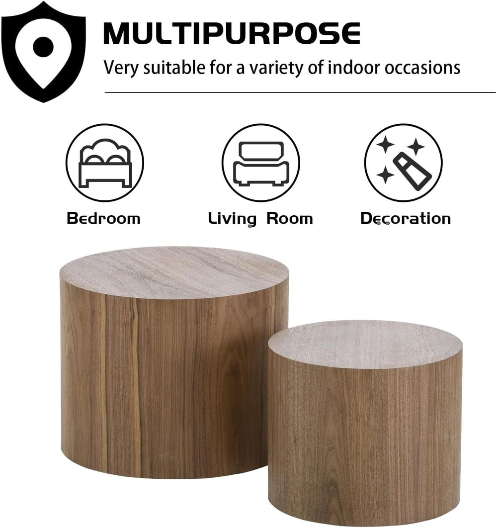 Nesting Coffee Table Set of 2, Wood Round Coffee Table, Modern Coffee Table f...