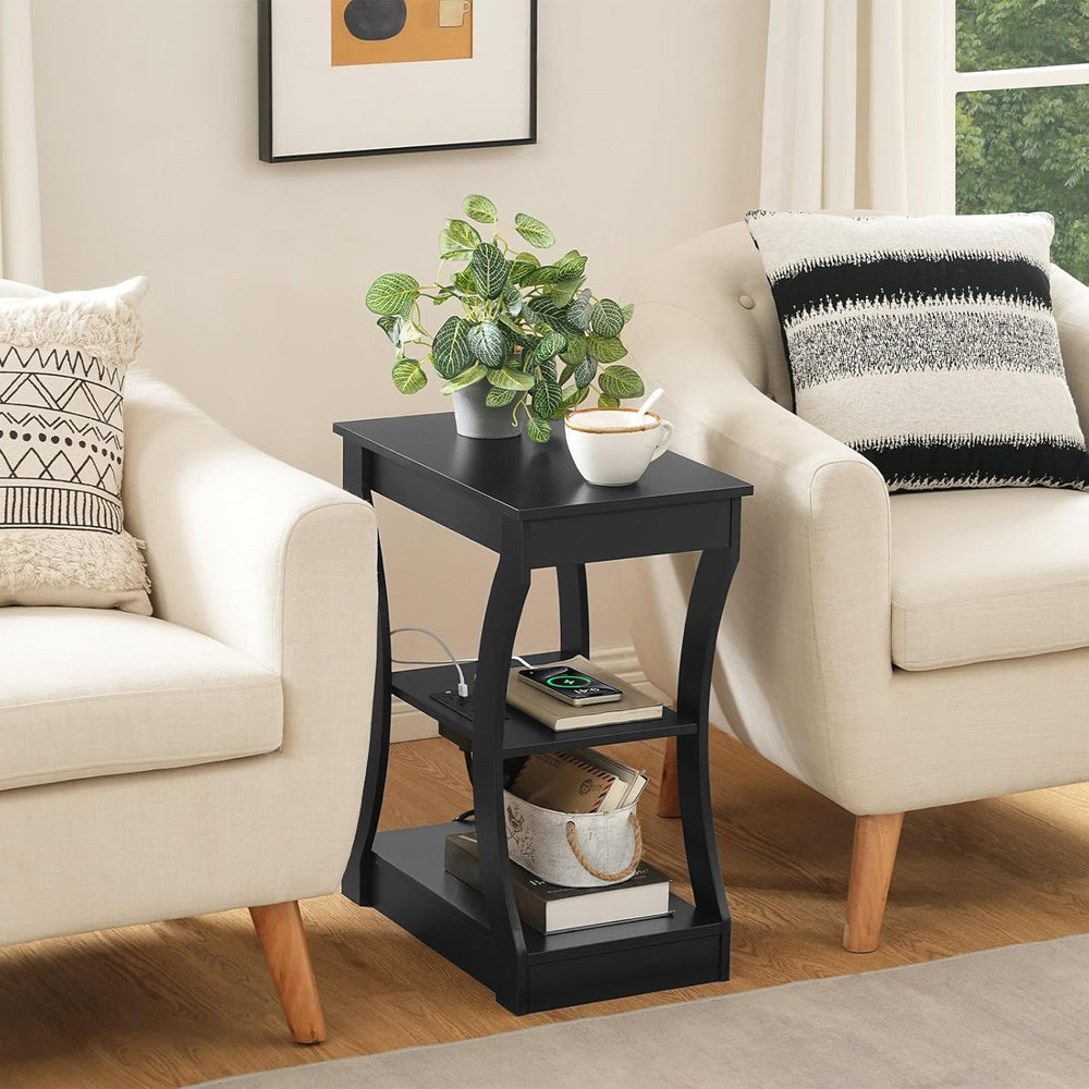 MAHANCRIS Black End Table with Charging Station, Skinny Side Table with USB P...