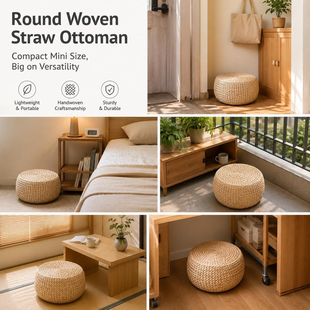 Small Straw Pouf Ottoman, Low Natural Footrest, Dia: 12.2" | Natural, Ec...