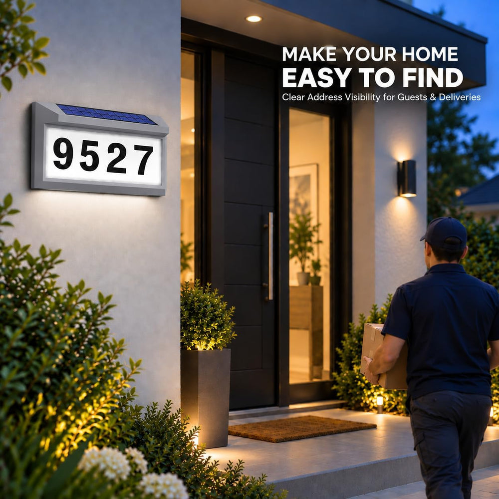 Solar Address Sign, Lighted House Numbers Outside, Gray Illuminated Plaque