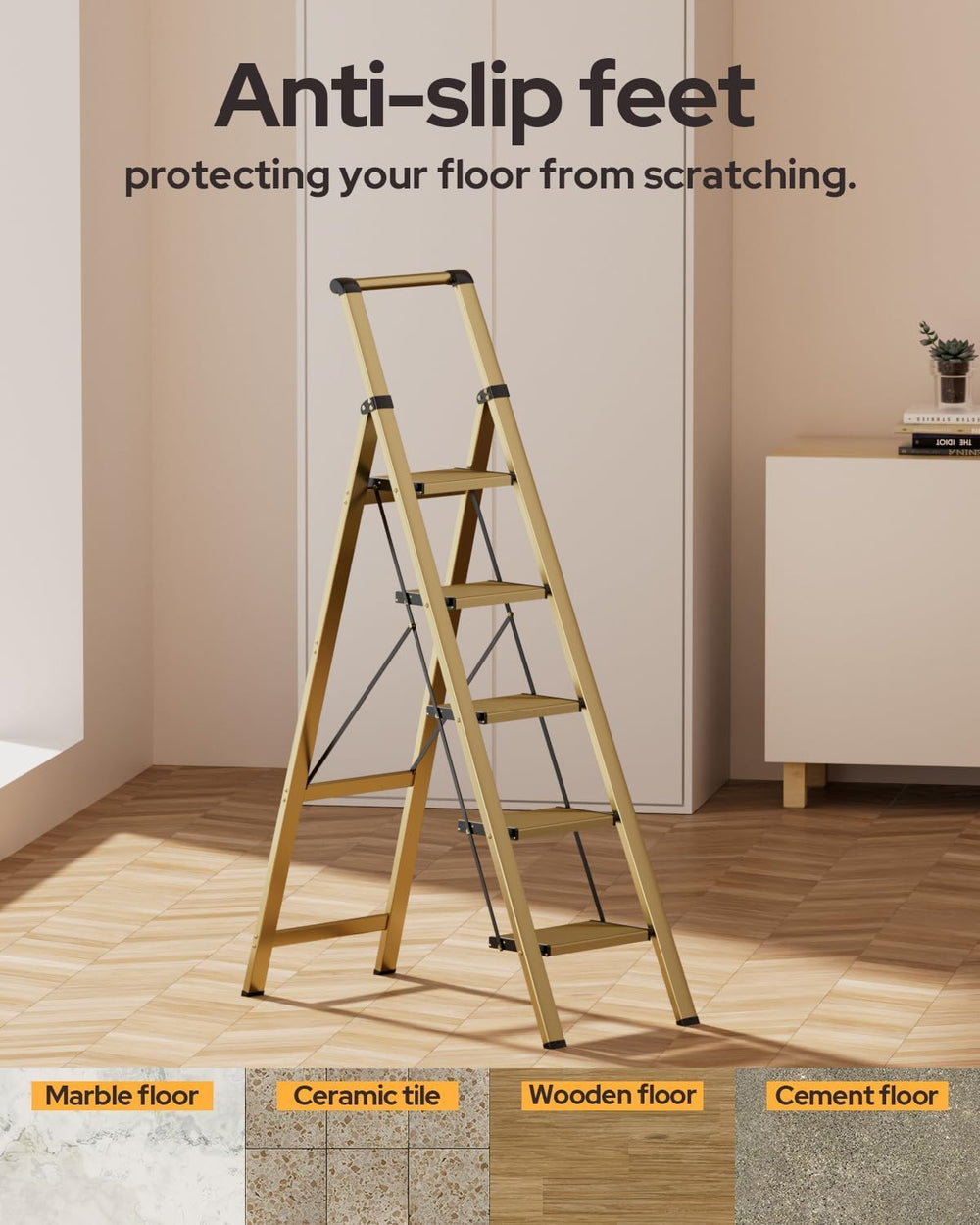 5 Step Ladder, Foldable 5 Step Stool, Gold