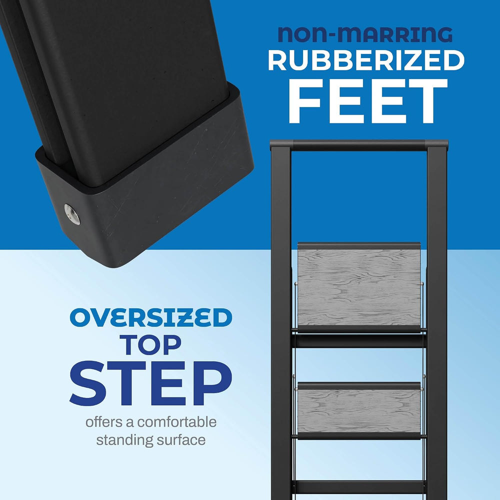 Step Ladder 3 Step Folding, Decorative - Beautiful Gray Wood & Black Alum...