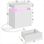 LIKIMIO Night Stand with Charging Station, Modern White Nightstand with LED Light and Drawers, Bedside Tables/End Table for Bedroom