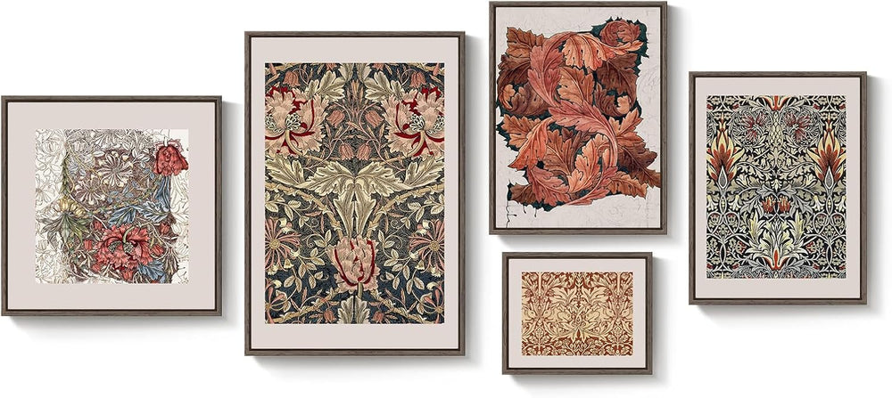 Large Framed William Morris Vintage Wall Art for Living Room, 5 Piece