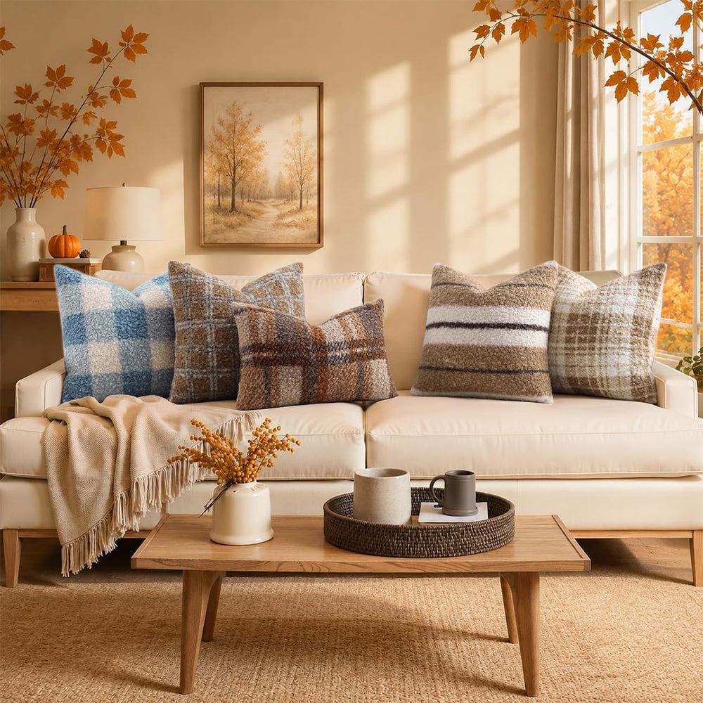 decorUhome Faux Fur Plaid Throw Pillow Covers 24X24 Set of 2 Dusty Blue