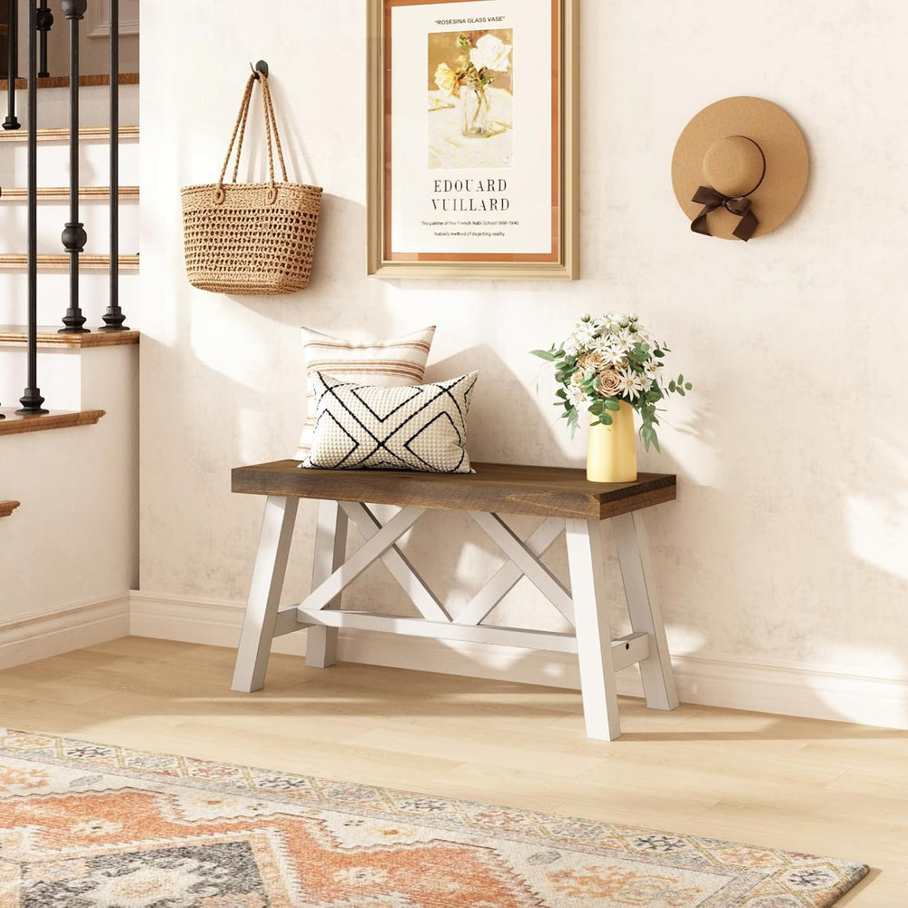 Wnutrees 30" Farmhouse Solid Wood Bench, Rustic Entryway Bench, White | ...