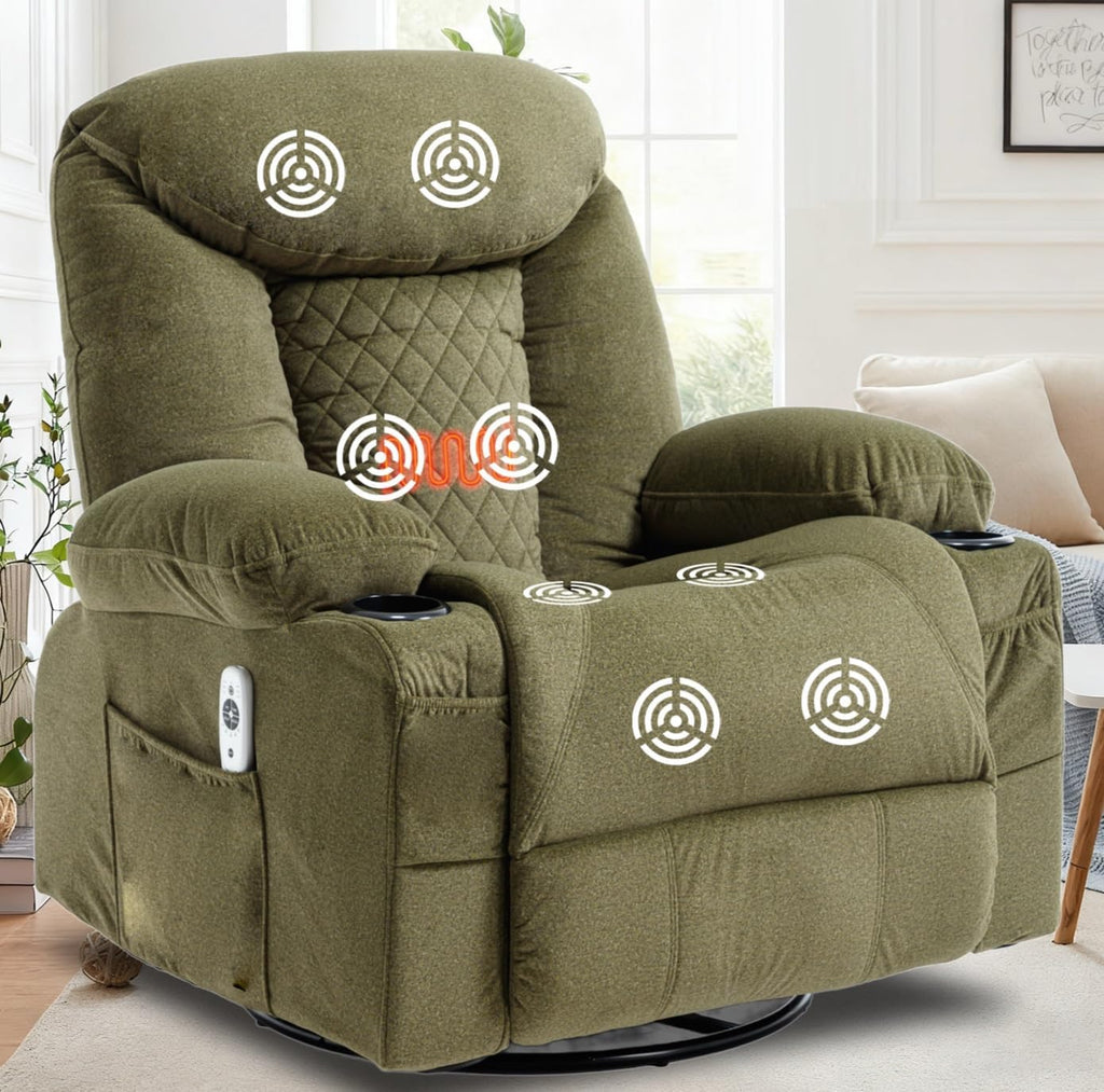 Oversized Massage Swivel Rocker Recliner Nursery Rocking Glider Chair Green | Fabric Manual Recliner with Heat Massage, Overstuffed, Cup Holders, USB Charging Port, Nursery Glider Chair