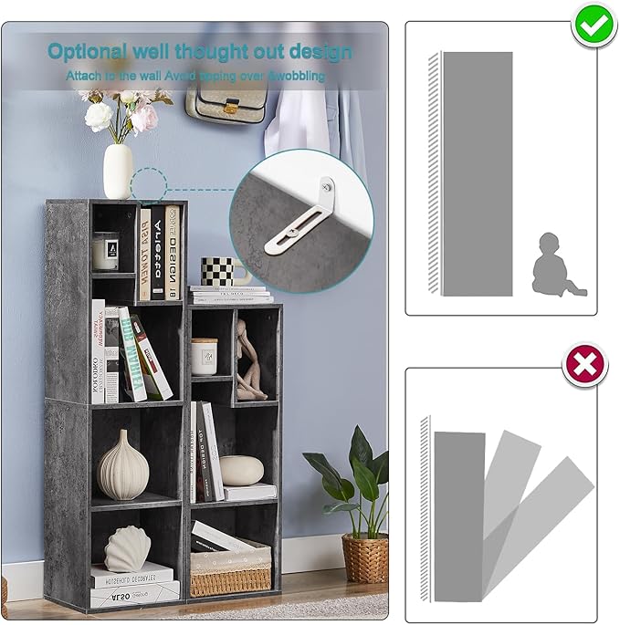 VECELO Small Bookshelf, 4 Cube Slim Bookcase, Fits Tallest Hardcovers, Horizontal Available, Modern Floor Standing Unit, Each Shelf Hold Up to 66 LBS, Modern Gray