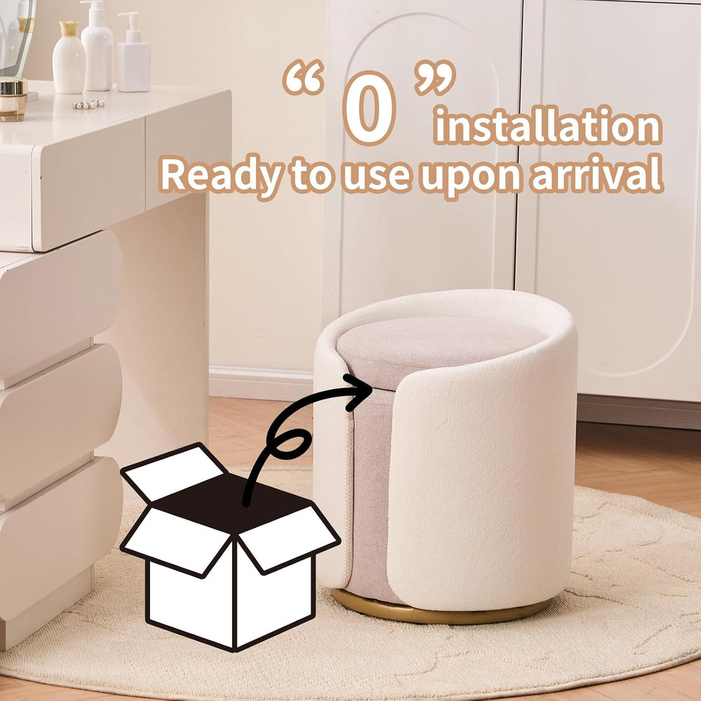 Vanity Chair with Storage, Round Boucle Vanity Stool No Wheels, Swivel Ottoma...