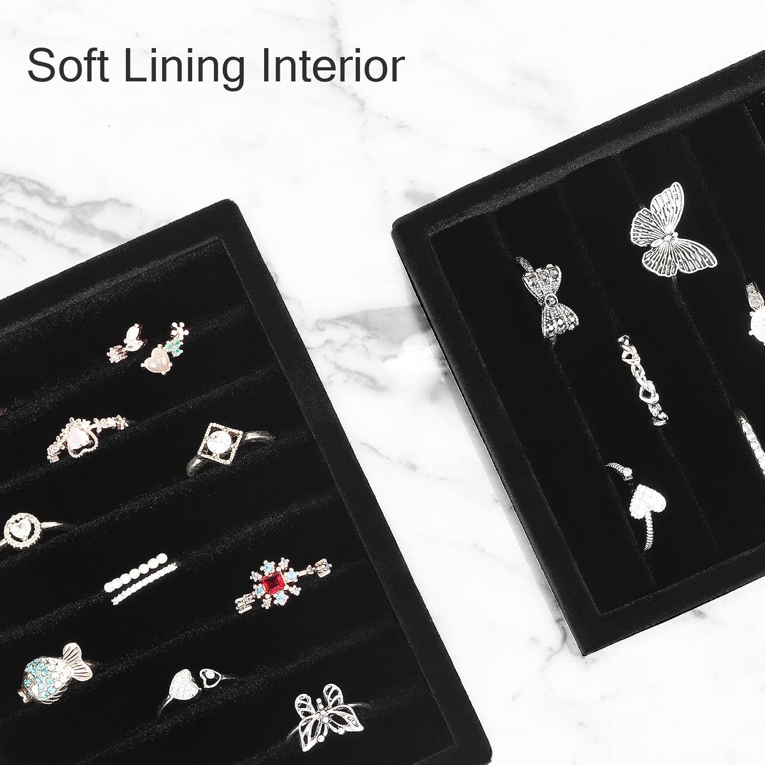 DesignSter Small Jewelry Tray-Ring Organizer 2PCS Premium Velvet Rings Earrings Display Tray Storage Insert Holder for Jewelry Box, Drawer, Dresser (8 Slots, Black)