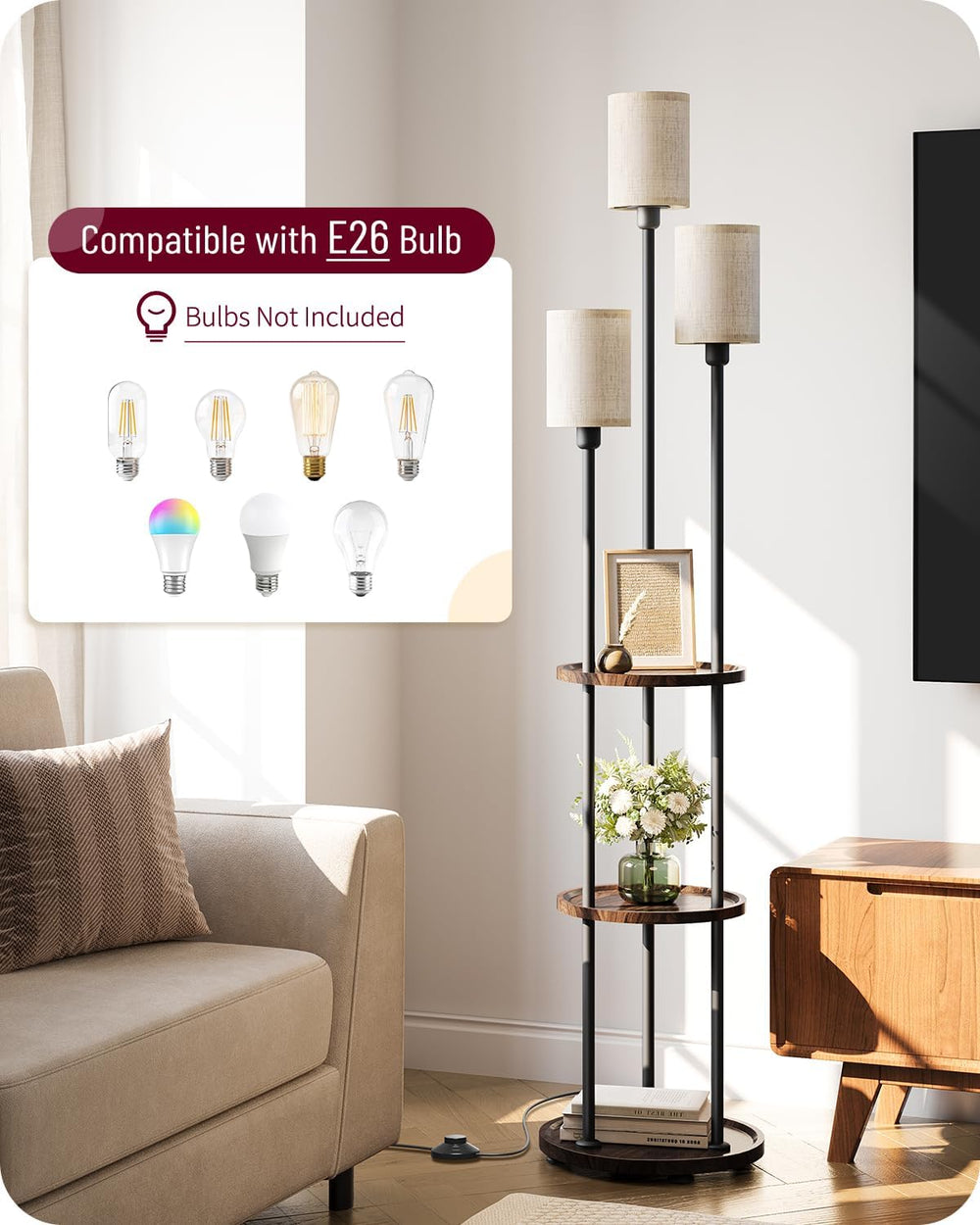 Floor Lamp with Shelves, 3-Light Floor Lamps for Living Room, Modern Standing...