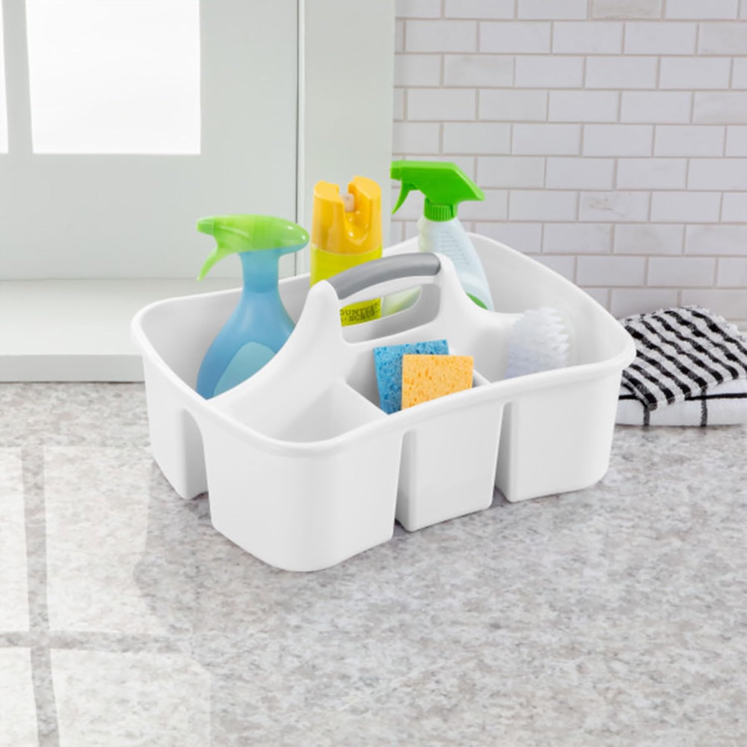 Sterilite Divided Ultra Caddy, Plastic, Portable Storage to Hold Bathroom and Cleaning Supplies, 5 Large Compartments and Handle, White, 18-Pack