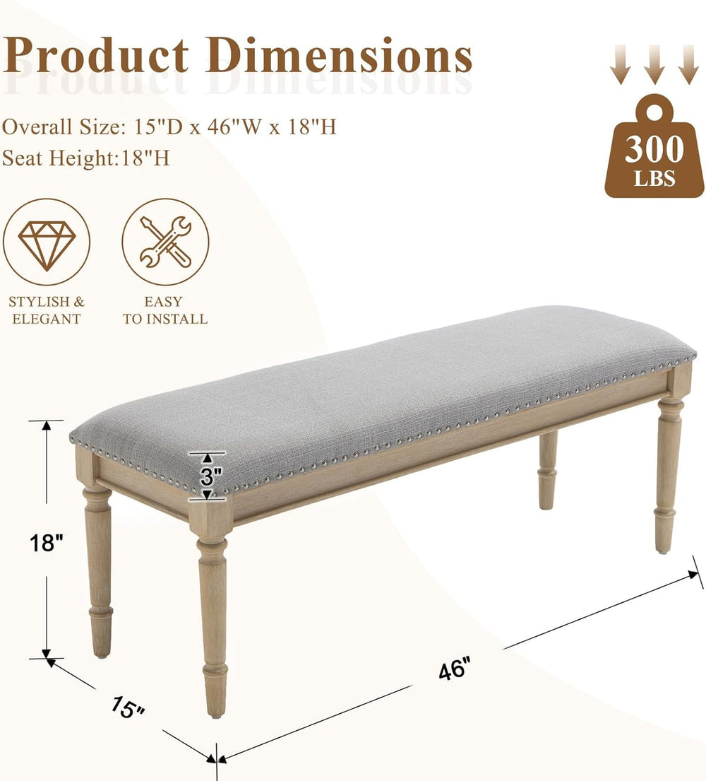 46'' French Country Entryway Bench Wooden Linen Fabric Upholstered Se...