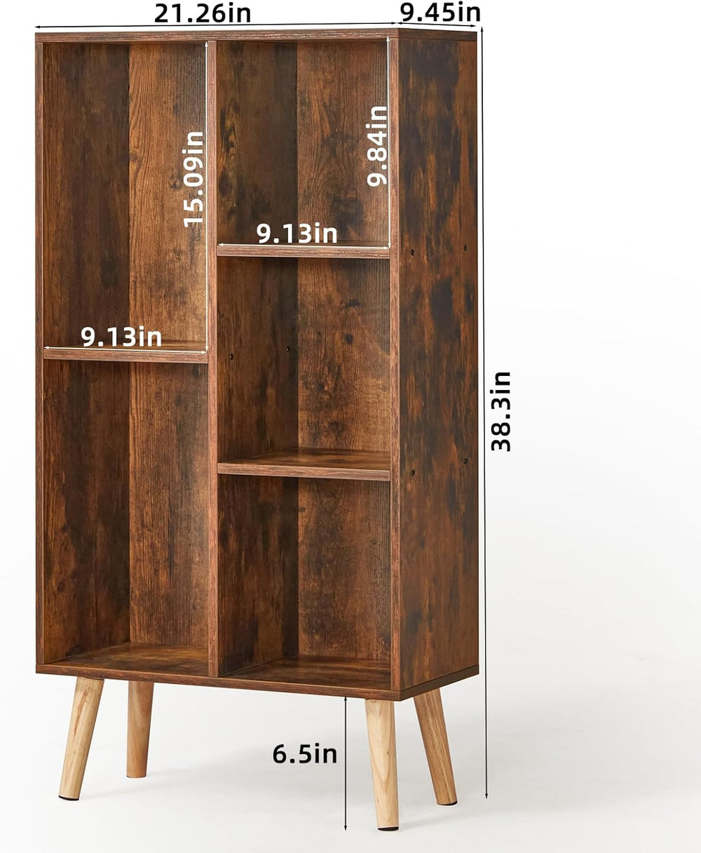 LEYAOYAO 5 Cube Small Bookshelf,3 Tier Mid-Century Bookcase with Legs,Wood Bo...