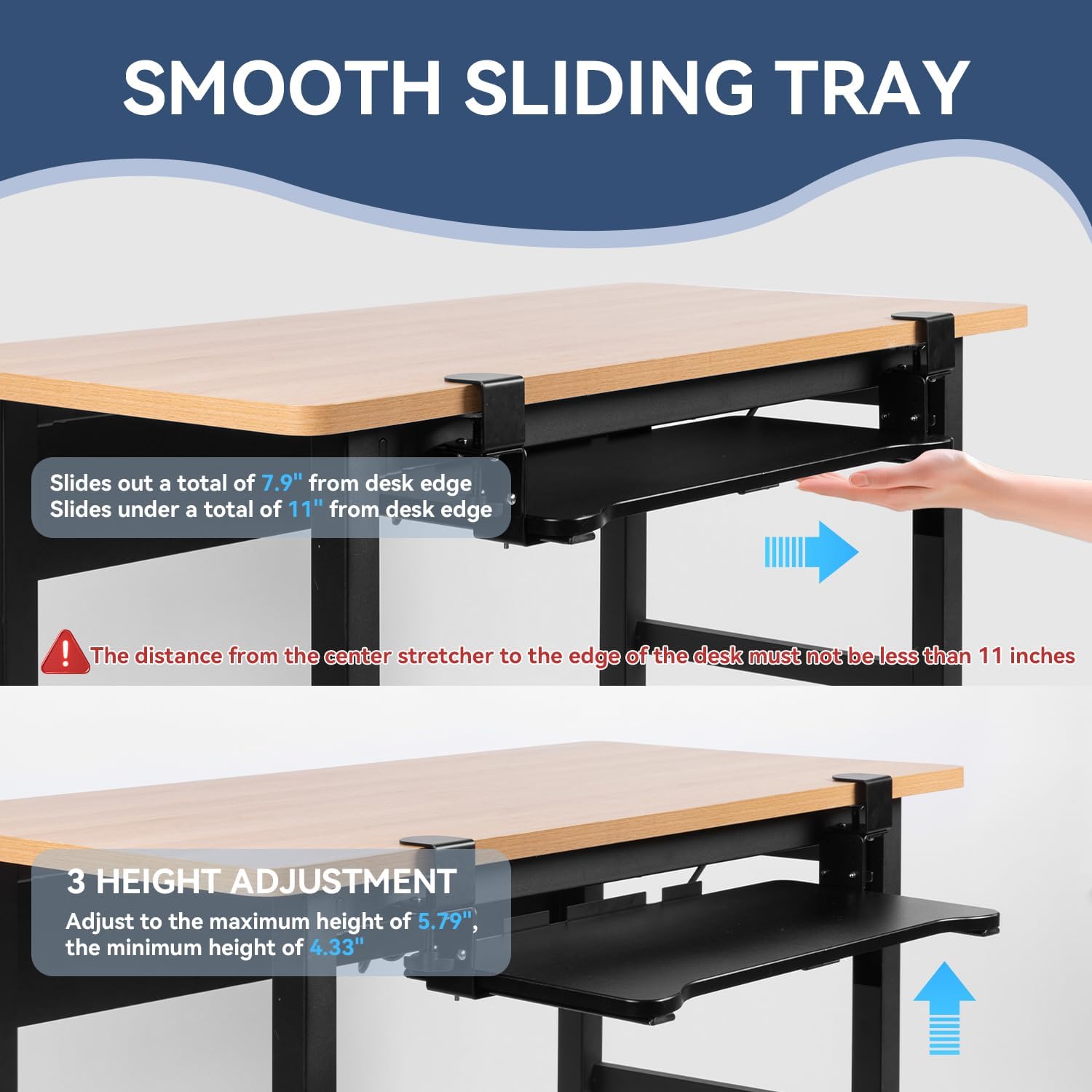 VUSIGN Keyboard Tray Under Desk Height Adjustable,Pull Out with Adjustable C Clamp Mount System for L-Shaped Tables, Extra Sturdy, 26.4” x 11.8” Slide-Out Platform Computer Drawer for Typing, Black