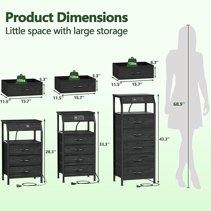 Furnulem 5 Drawers Dresser with Charging Station, Fabric Chest of Drawers wit...