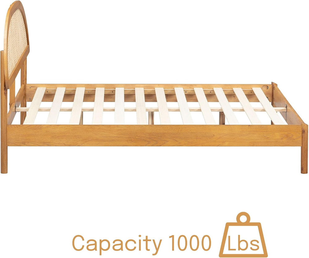 NTC Gem Wooden Bed Frame with Headboard and Natural Rattan, Solid Oak/Rubber ...